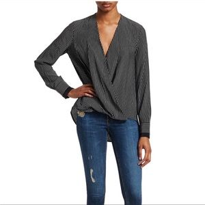 EC Rag & Bone Victor Black Striped Silk Surplice V Neck Blouse Large Long Sleeve